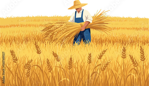 Farmer harvesting golden wheat in a sunlit field with a straw hat, flat vector art
