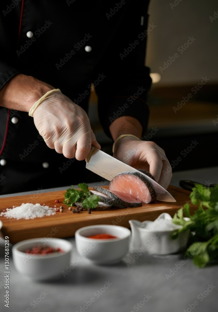 Chef slicing fresh salmon on cutting board with herbs and spices Chef slicing fresh salmon on cutting board with herbs and spices