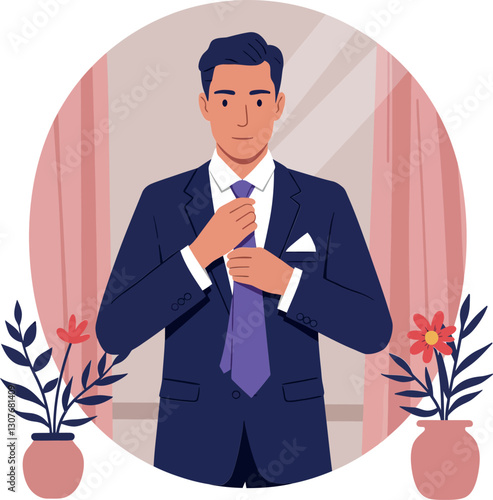 A young man adjusting his tie in a formal suit with floral decorations in a minimal vector illustration