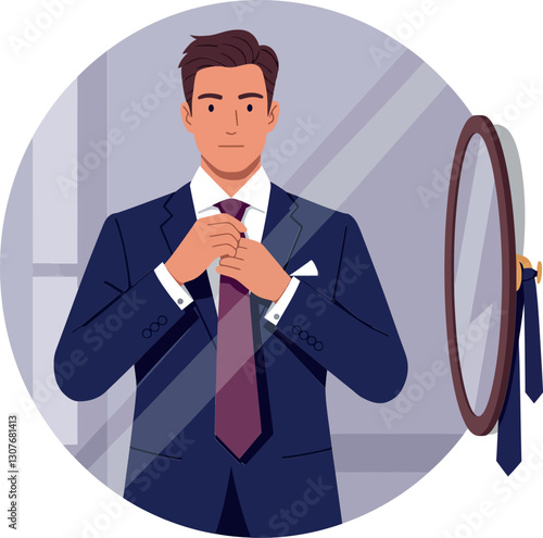 A man adjusting his tie in front of a round mirror in a flat vector illustration