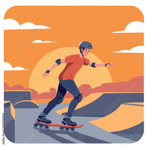Young skateboarder performing tricks at a skatepark during sunset in flat vector art