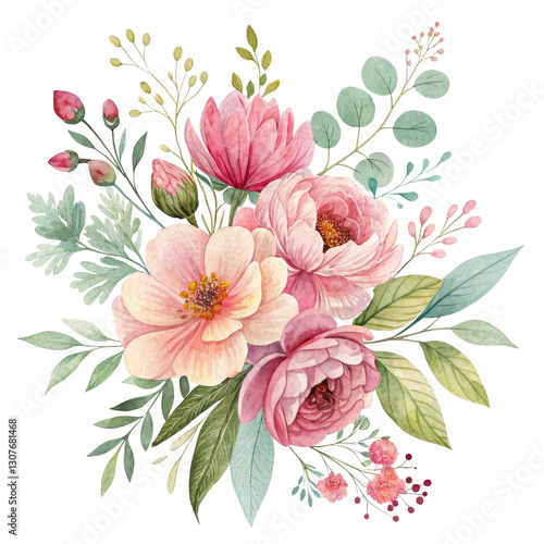 Watercolor Pink Floral Bouquet Composition, Isolated on Transparent Background, PNG, Clipart, Botanical Illustration, Floral arrangement, watercolor painting, bouquet