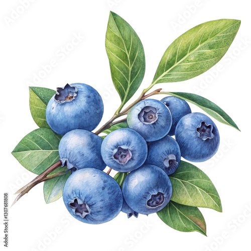 Watercolor Blueberry Branch, Isolated on Transparent Background, Botanical Illustration, Clipart, Food Design, Blueberries, Watercolor, Botanical