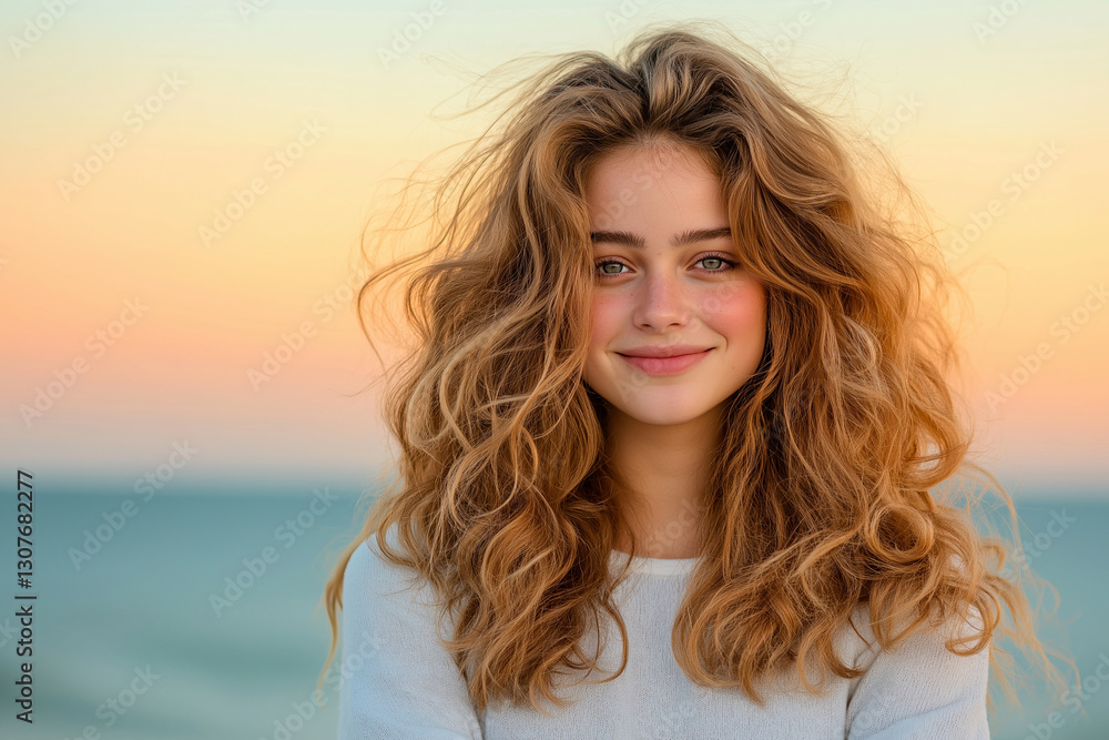 Fototapeta premium portrait of smiling woman with messy hair against soft sunset background, radiating warmth and joy. Her natural beauty shines through, creating serene atmosphere