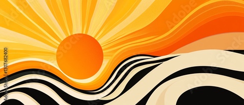 Vibrant Orange Yellow Sun with Curved Black and White Lines