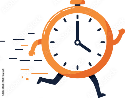 Running stopwatch character in a flat design style highlighting speed and urgency in vector art
