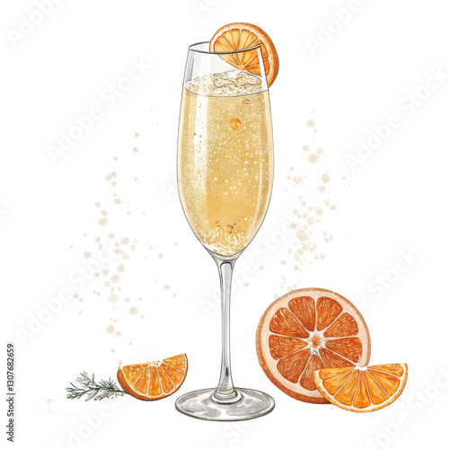 Hand-drawn Mimosa Illustration, Champagne Cocktail, Orange Slices, Isolated on Transparent Background, , Cocktail, Drink, Graphic