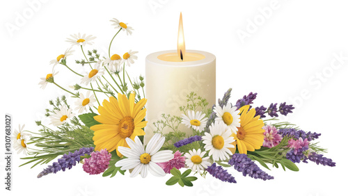 Floral Candle Arrangement Lit Candle with Daisies, Lavender, and Sunflowers Isolated on Transparent Background, illustration, remembrance, memorial, candlelight, floral
