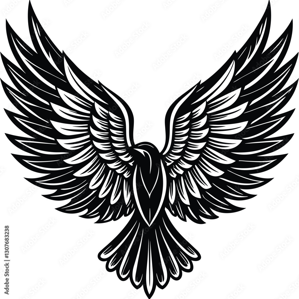 Obraz premium Bold Black and White Eagle Line Art - Vector Illustration, Flying Hawk Tattoo Design - Monochrome Digital Artwork,bird's wing