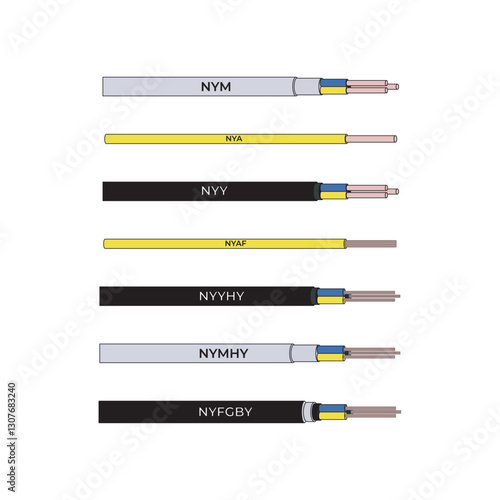Illustration of various electrical cable types, including NYM, NYA, NYY, NYYHY, NYMHY, and NYFGBY. Used in power distribution, wiring, and electrical installations for safety and efficiency.