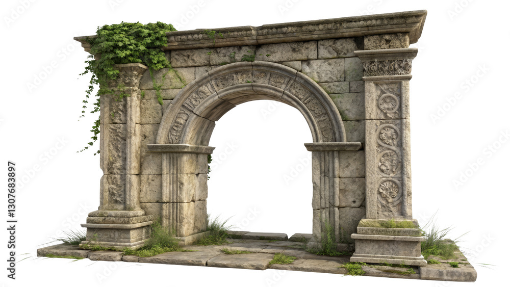 Fototapeta premium 3D Rendered Ancient Stone Archway, Overgrown with Vines, Isolated on Transparent Background, Game Asset, Architecture, Stone Arch, Ancient Ruins, 3D Model