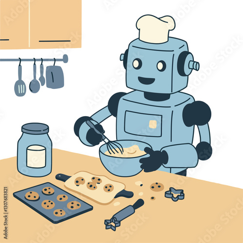 A cheerful robot baking cookies in a kitchen, flat design vector illustration