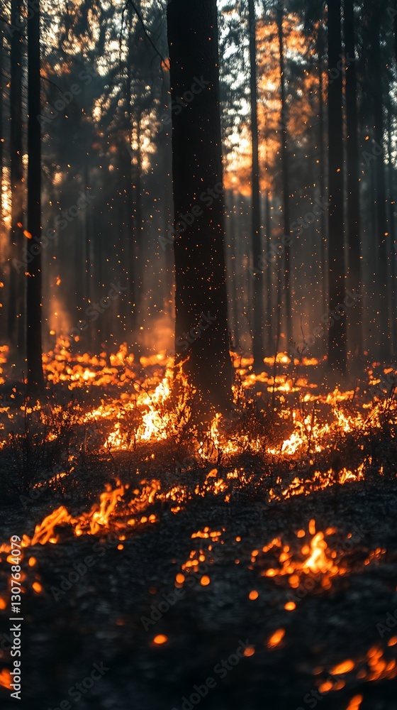 Obraz premium Forest fire at sunset, flames engulfing undergrowth.