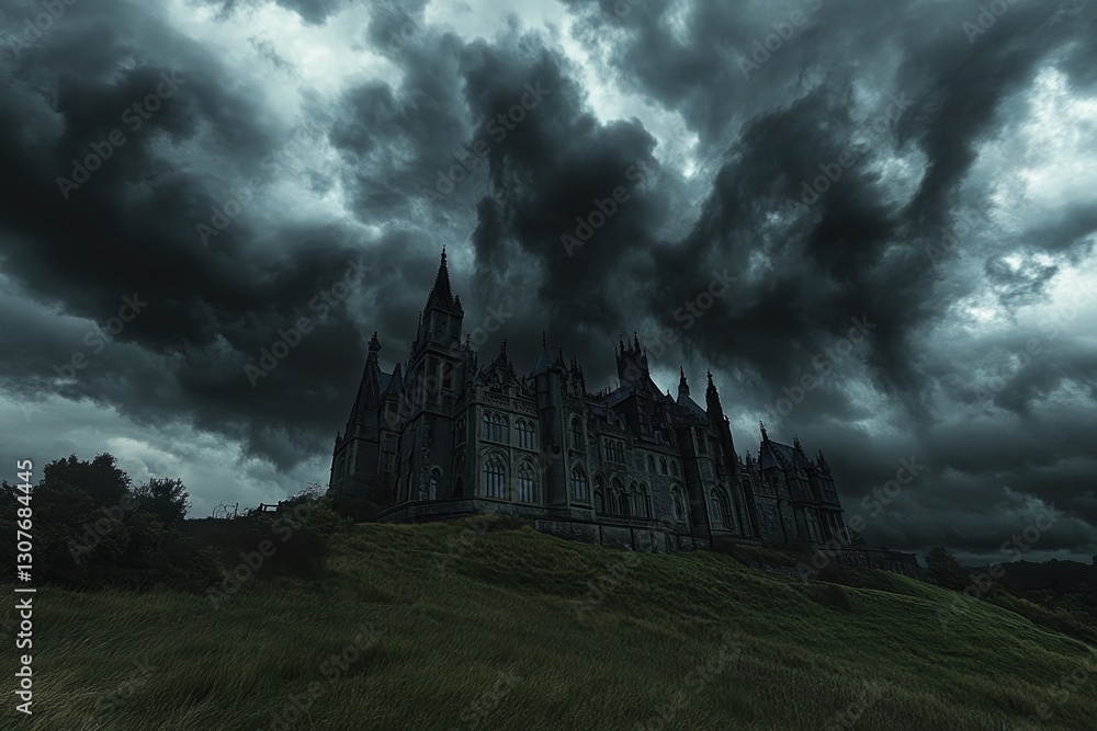 Enigmatic gothic castle towering under dark, swirling storm clouds at dusk Enigmatic gothic castle towering under dark, swirling storm clouds at dusk