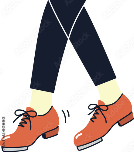 A pair of legs wearing stylish orange shoes performing a tap dance in a flat vector illustration
