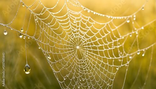 Delicate spiderweb adorned with morning dew glistening in the golden sunlight