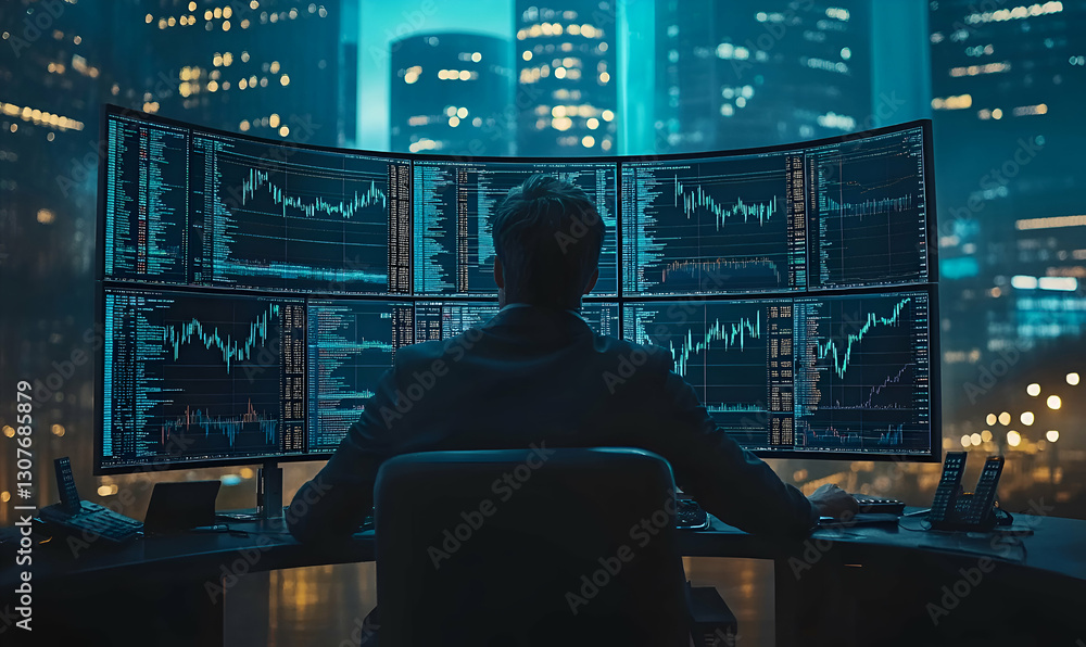 Analyst watches market graphs at night Analyst watches market graphs at night