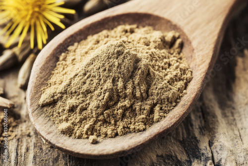 Medicinal dandelion root powder in a rustic wooden spoon