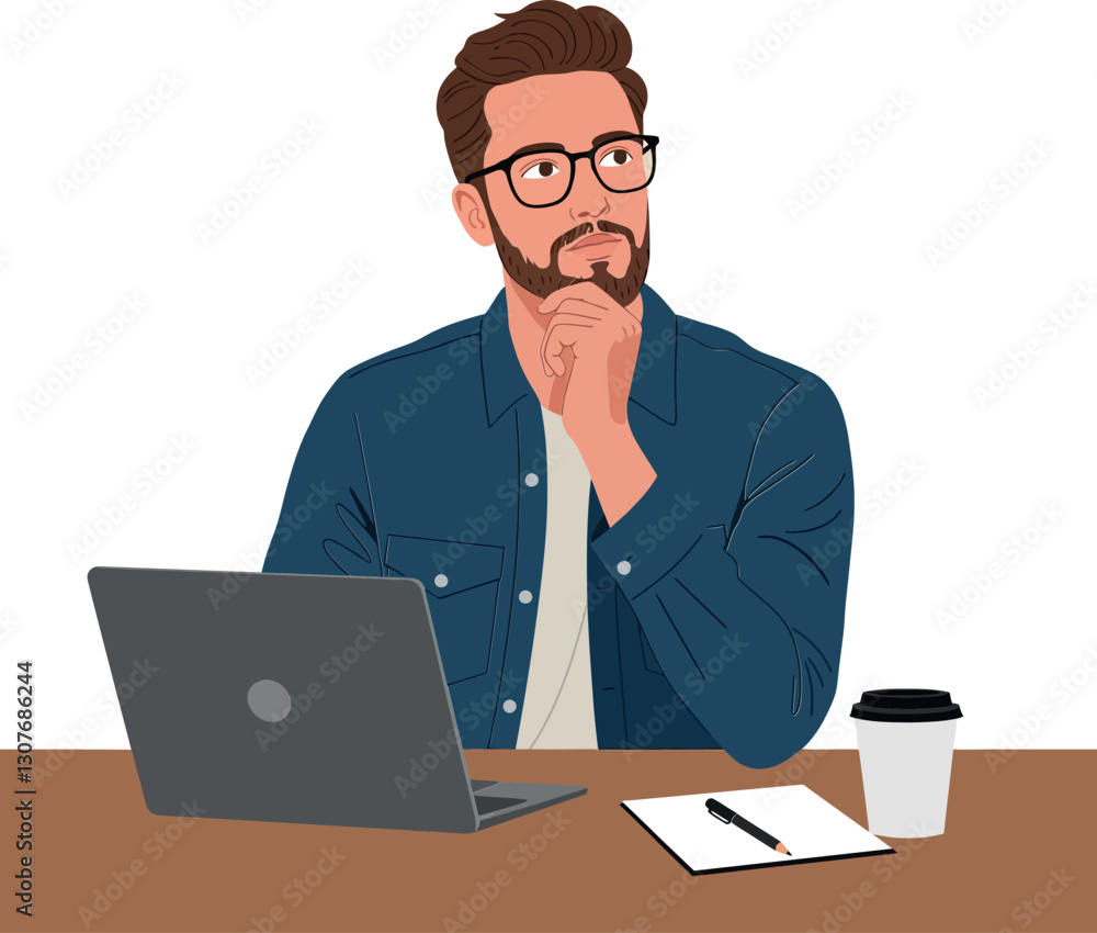 Thoughtful man with glasses at desk in casual attire, minimal vector illustration Thoughtful man with glasses at desk in casual attire, minimal vector illustration