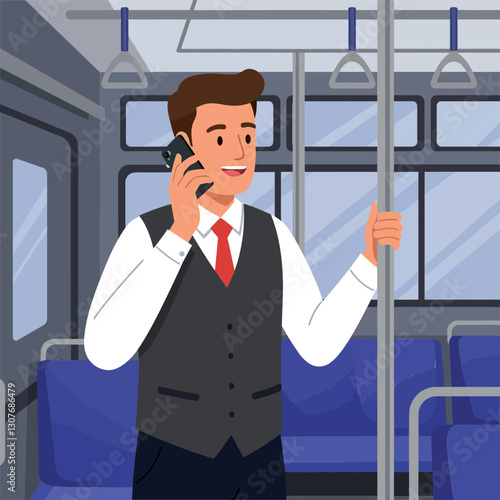 A young man in formal attire talking on his smartphone inside a public transport vehicle, flat vector illustration
