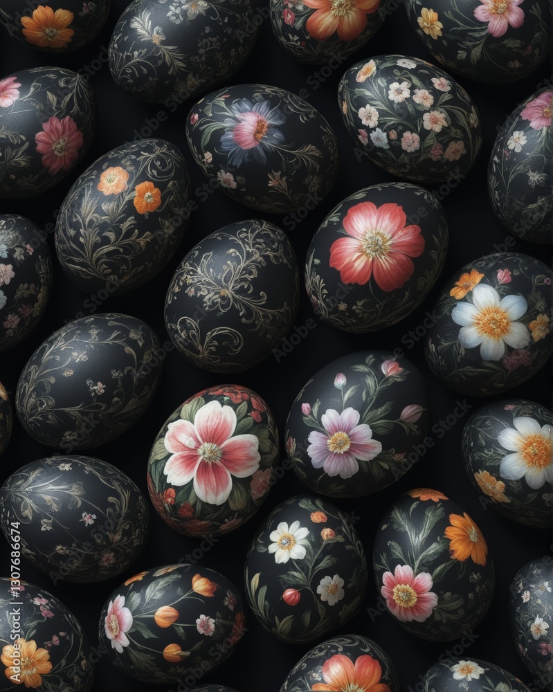 A collection of black and white painted eggs with flowers on them. The eggs are arranged in a pattern and are surrounded by a black background A collection of black and white painted eggs with flowers on them. The eggs are arranged in a pattern and are surrounded by a black background