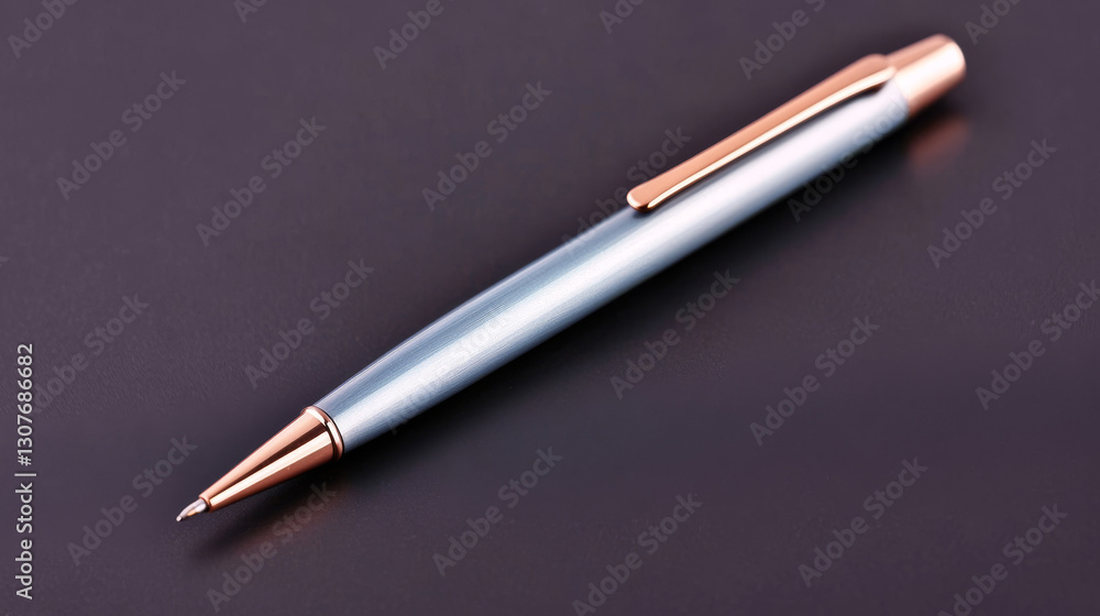 Minimalist photo of a classic high end writing pen with a polished rose gold trim, displayed in a well balanced and simple composition Minimalist photo of a classic high end writing pen with a polished rose gold trim, displayed in a well balanced and simple composition