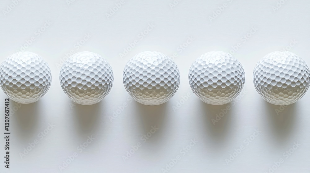 Five golf balls aligned, white background, studio shot, sport product Five golf balls aligned, white background, studio shot, sport product