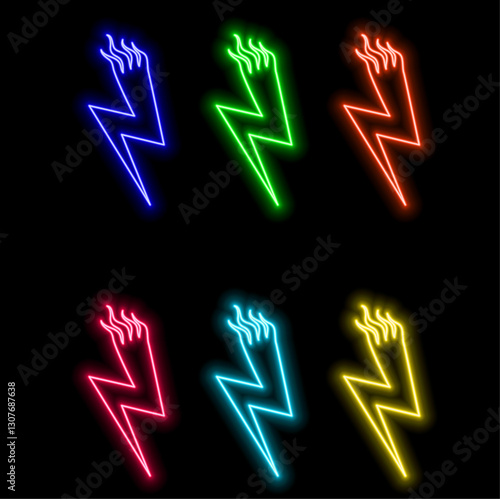 Lightning bolt neon. Energy neon set. Sign of lightning, thunder and electricity.