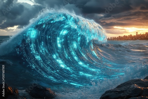 Fototapeta Naklejka Na Ścianę i Meble -  A massive wave illuminated by digital data, crashing near a city at sunset, symbolizing the digital age's impact.