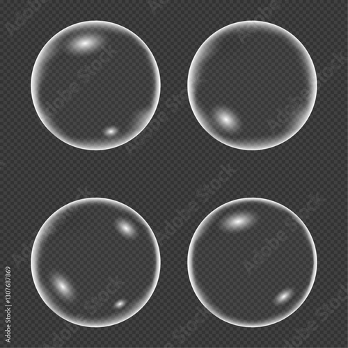 Set of transparent soap, hyaluronic acid, rain water bubbles. Isolated vector elements.