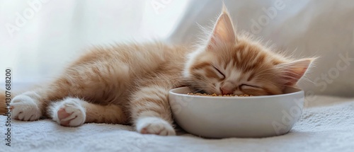 Cute kitten sleeping near food bowl