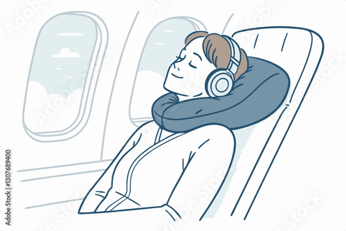 Person with neck pillow and headphones relaxing on airplane, travel comfort concept