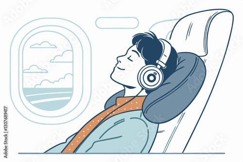 Line art illustration of a young man relaxing with headphones by an airplane window