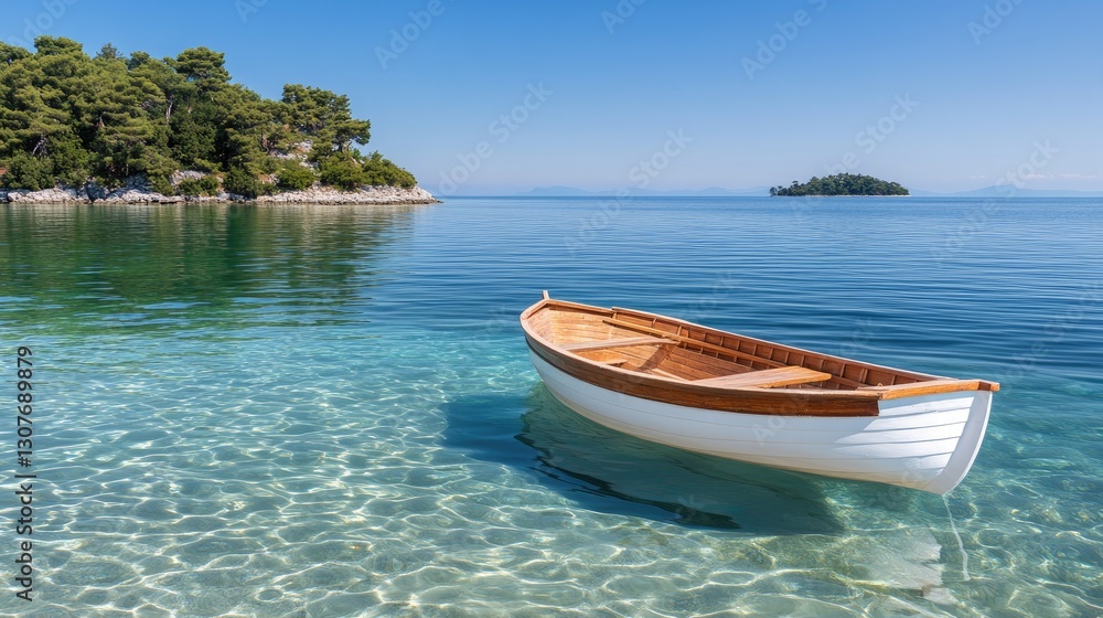 A wooden boat floats serenely in clear turquoise waters, with a lush tropical island visible in the background under a vibrant blue sky filled with fluffy clouds A wooden boat floats serenely in clear turquoise waters, with a lush tropical island visible in the background under a vibrant blue sky filled with fluffy clouds
