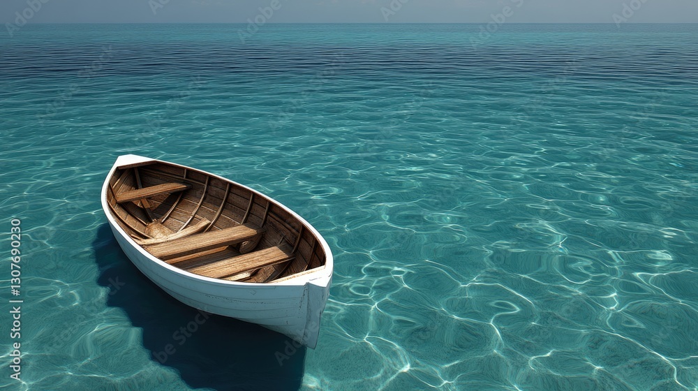 A wooden boat floats serenely in clear turquoise waters, with a lush tropical island visible in the background under a vibrant blue sky filled with fluffy clouds A wooden boat floats serenely in clear turquoise waters, with a lush tropical island visible in the background under a vibrant blue sky filled with fluffy clouds