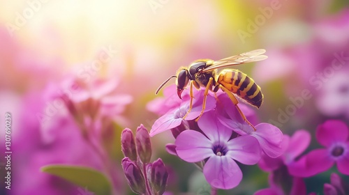 Wasp on Magenta Phlox Flowers in Sun