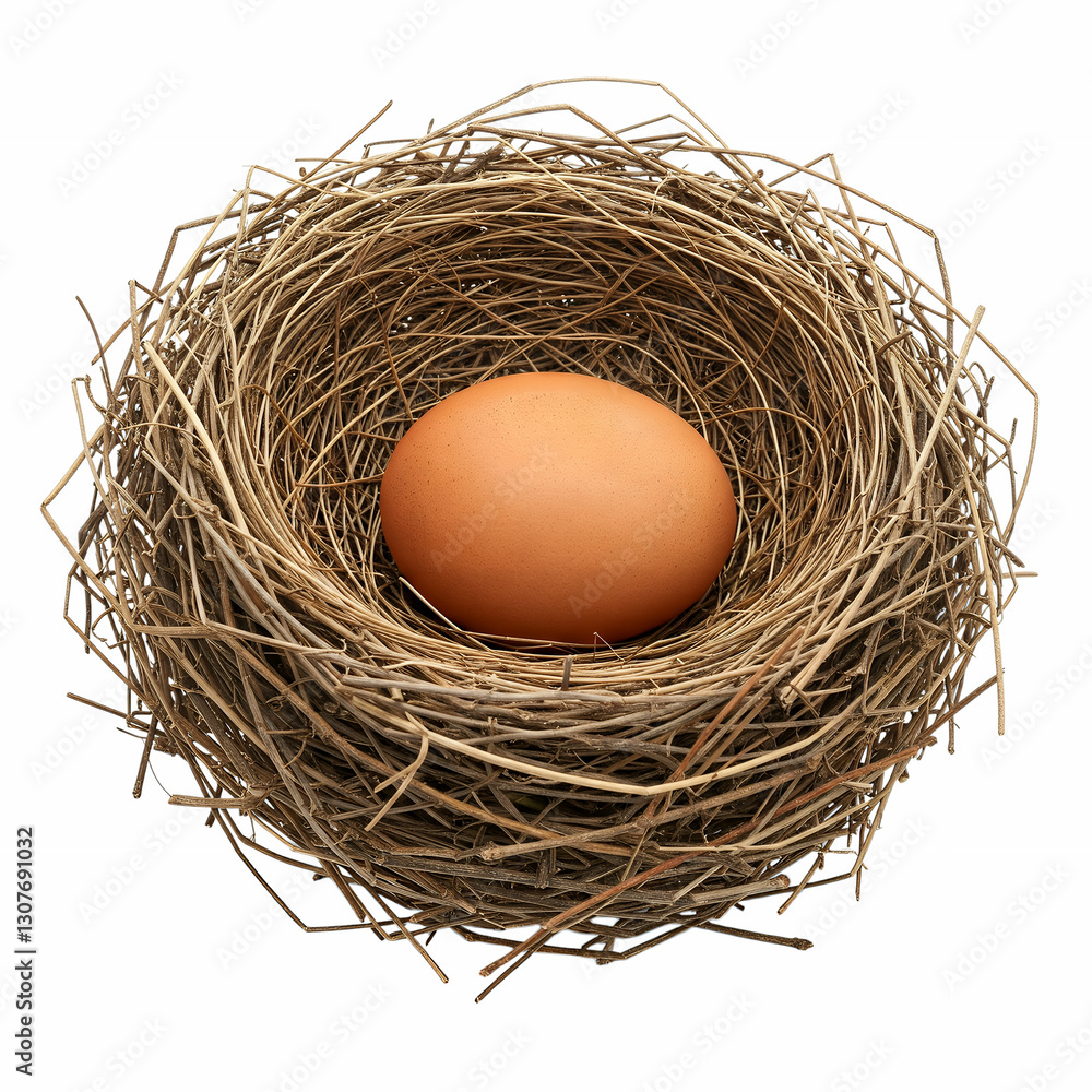 Natural Bird Nest with Single Brown Egg on White Background for Wildlife and Nature Themes Natural Bird Nest with Single Brown Egg on White Background for Wildlife and Nature Themes