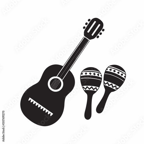 Guitar and maracas in black silhouette