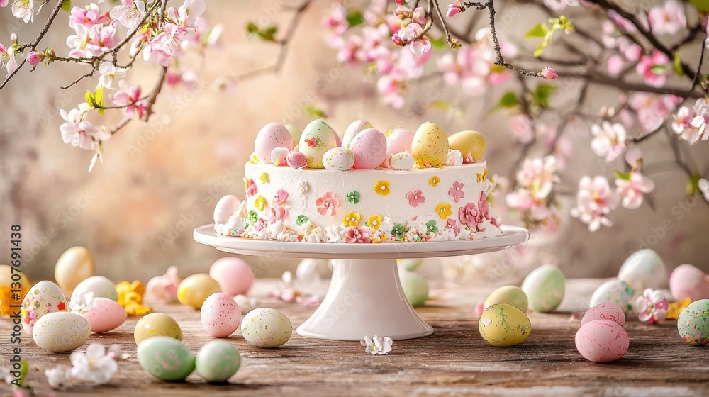 Spring celebration with floral cake and decorated eggs surrounded by blossoms Spring celebration with floral cake and decorated eggs surrounded by blossoms