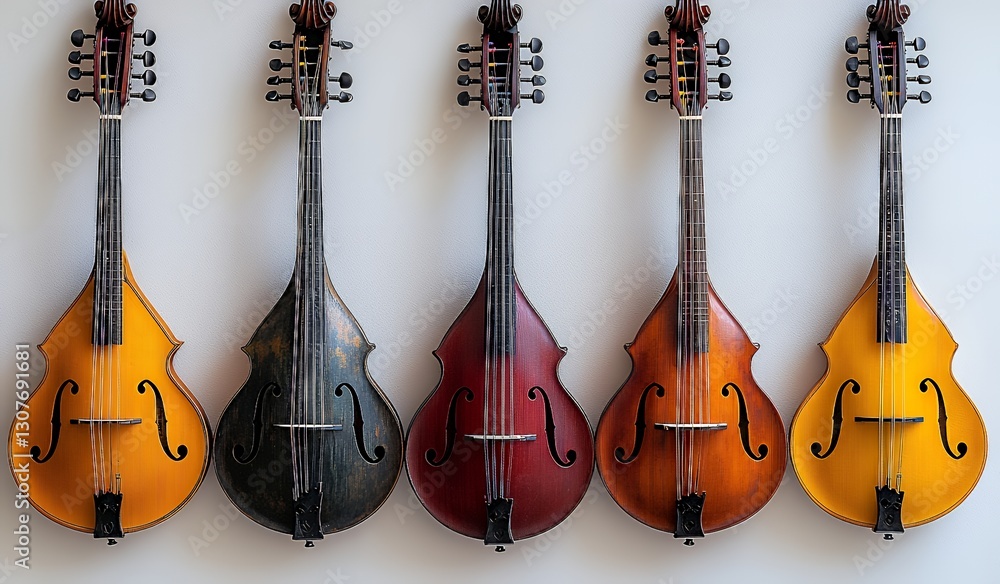 Fototapeta premium Colorful Collection of Vintage String Instruments Displayed on a Wall
