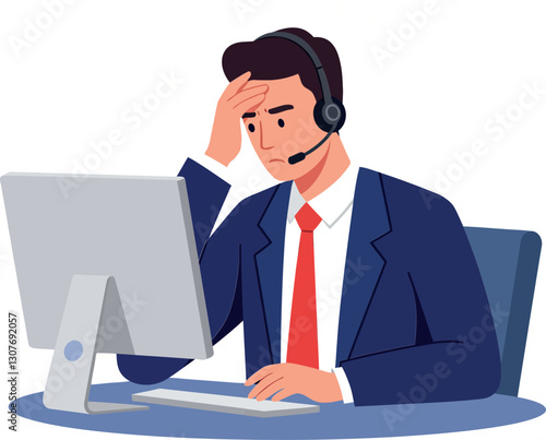Frustrated customer service representative in a suit using a headset at a computer desk vector illustration