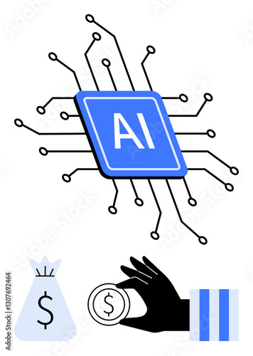 AI processor with circuitry symbolizing innovation and tech. Coin and money bag suggest finance, investment, and monetary growth. Ideal for AI, tech, money, finance, innovation digital economy flat