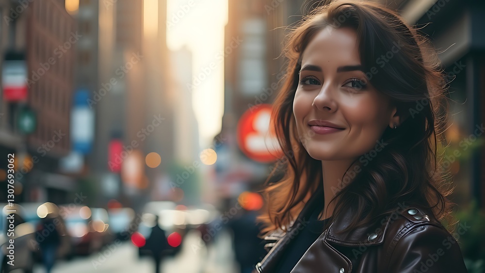 Fototapeta premium Attractive woman in urban setting with soft lighting and confident smile