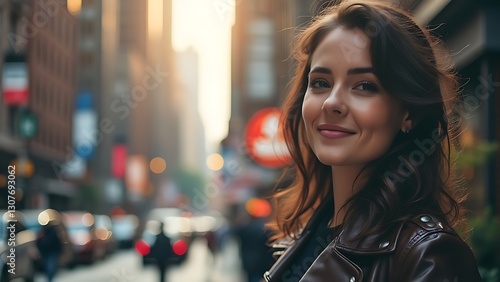 Attractive woman in urban setting with soft lighting and confident smile