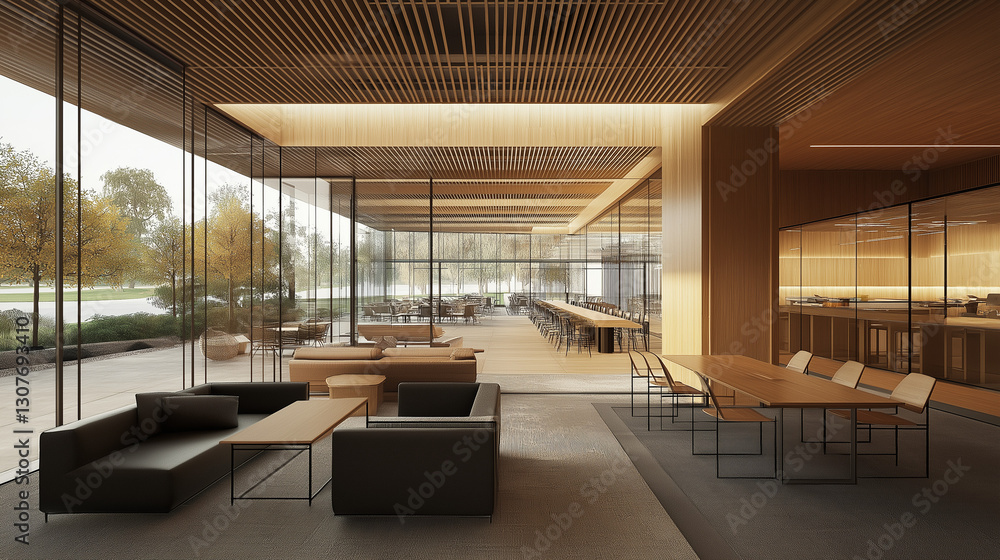 Large modern office interior with glass partitions creating an open, bright, and airy workspace Large modern office interior with glass partitions creating an open, bright, and airy workspace