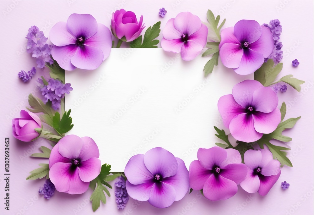 Rechteckiger Blumenrahmen aus lila und rosa Blüten mit zentralem Textfreiraum. Elegante Vorlage für Grußkarten und Einladungen. Generative KI. Rechteckiger Blumenrahmen aus lila und rosa Blüten mit zentralem Textfreiraum. Elegante Vorlage für Grußkarten und Einladungen. Generative KI.