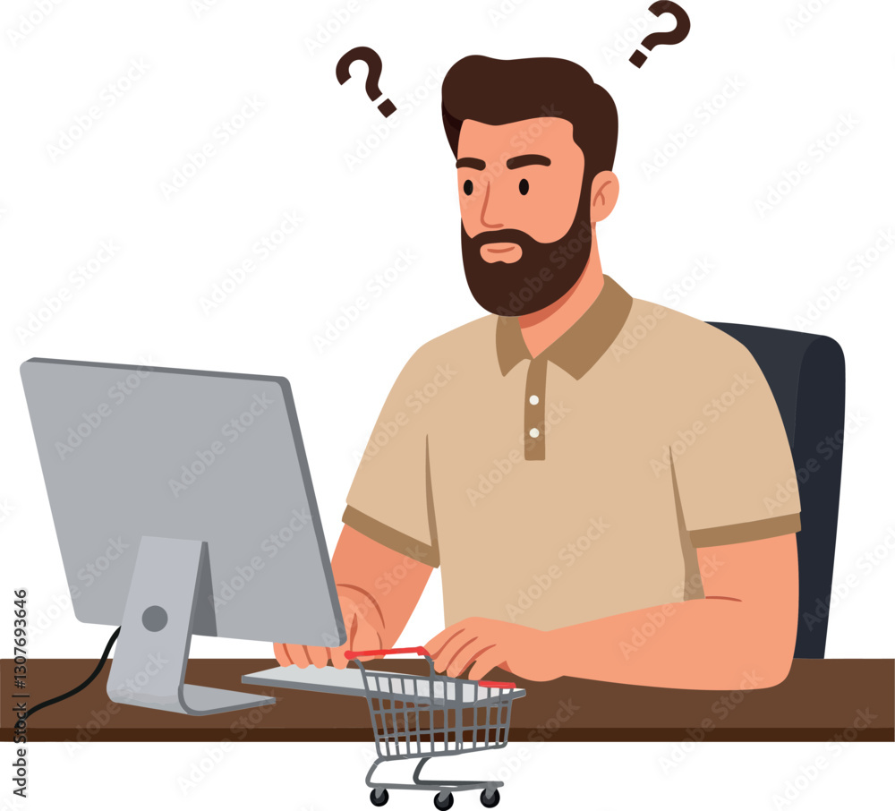 A confused man sitting at a desk with a computer and shopping cart in a flat vector illustration A confused man sitting at a desk with a computer and shopping cart in a flat vector illustration