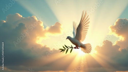 Celebrate #palm sunday light with a soaring #dove with branch crossing bright skies