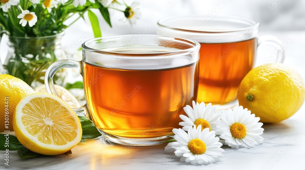 Two cups of a warm, creamy drink are placed beside lemon halves and delicate white flowers on a smooth marble surface, creating a serene atmosphere for relaxation Two cups of a warm, creamy drink are placed beside lemon halves and delicate white flowers on a smooth marble surface, creating a serene atmosphere for relaxation