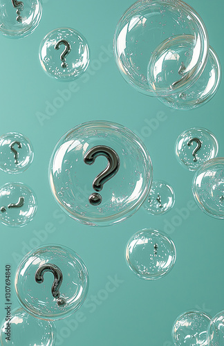 Transparent bubbles with question marks floating in turquoise background create sense of curiosity and wonder. bubbles symbolize inquiry and exploration